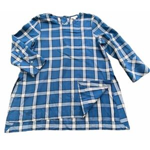 J Jill Womens Academia Plaid Hi Low Tunic Top S P Blue Tencel 3/4 Sleeve 135992